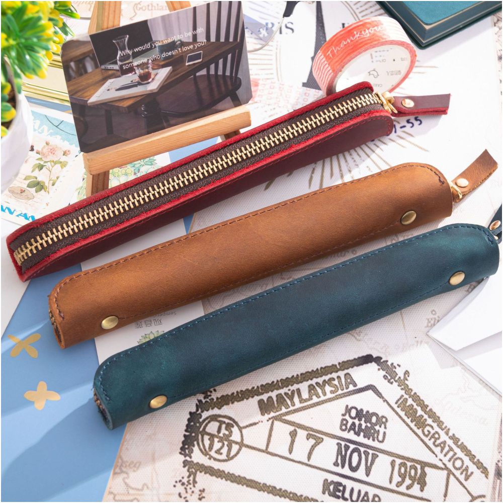 Leather Apple Shaped Pen Case 19cm x 3cm 6 variants image 0