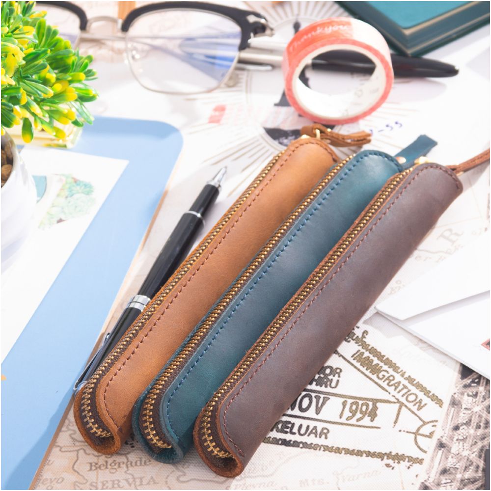 Leather Apple Shaped Pen Case 19cm x 3cm 6 variants image 1