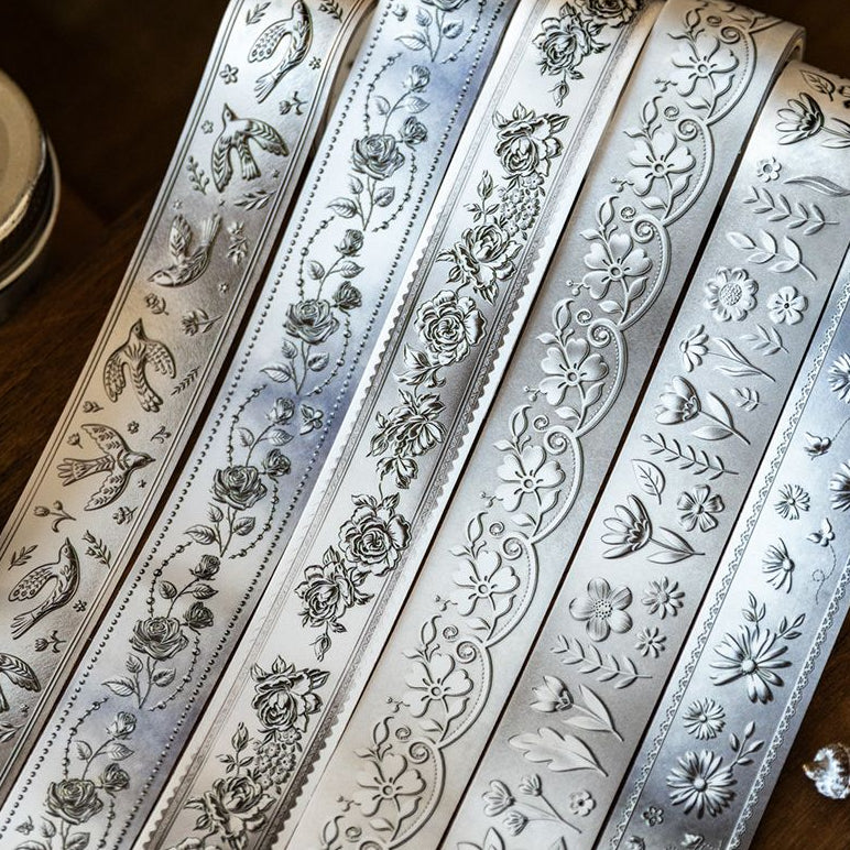 Vintage Silver Light Flower PET Tape 2 5cm x 2m 6 Designs image 2
