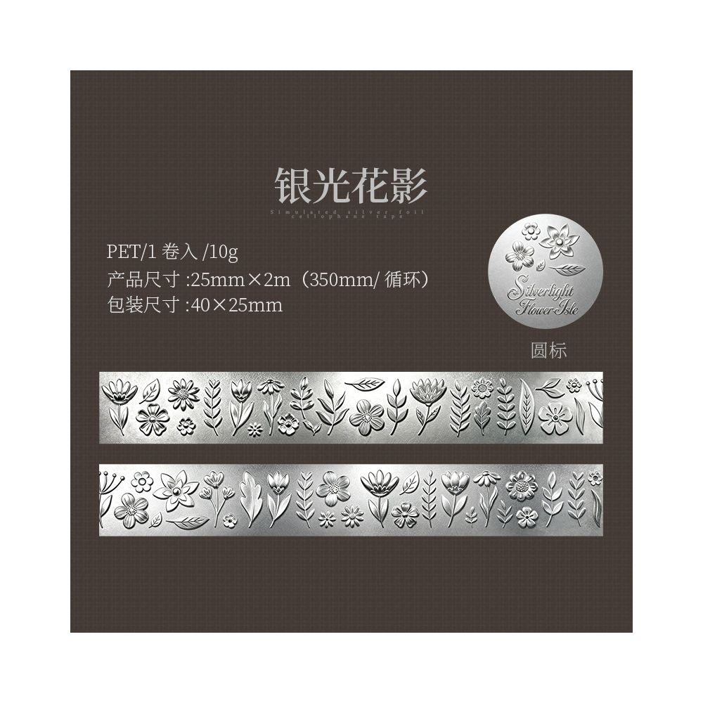 Vintage Silver Light Flower PET Tape 2,5cm x 2m 6 Designs