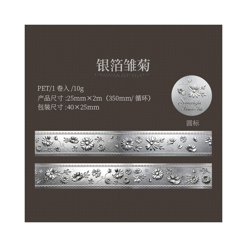 Vintage Silver Light Flower PET Tape 2,5cm x 2m 6 Designs