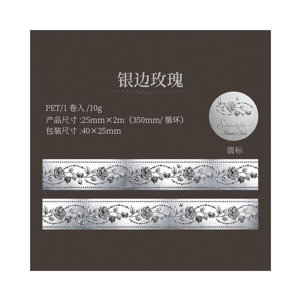 Vintage Silver Light Flower PET Tape 2,5cm x 2m 6 Designs