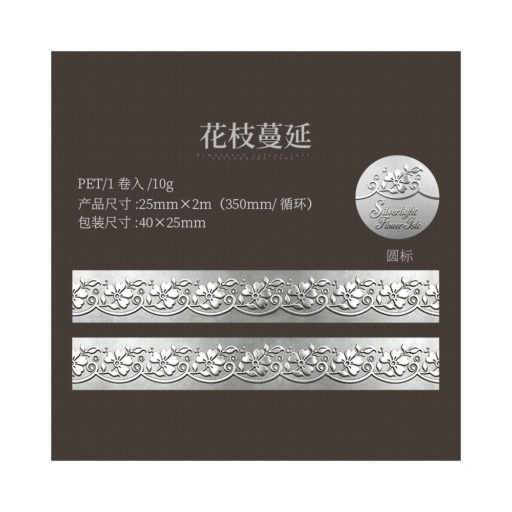 Vintage Silver Light Flower PET Tape 2,5cm x 2m 6 Designs