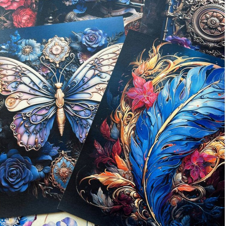 Retro Baroque butterfly flower and feather background paper 14cm x 18cm 24 Sheets image 1