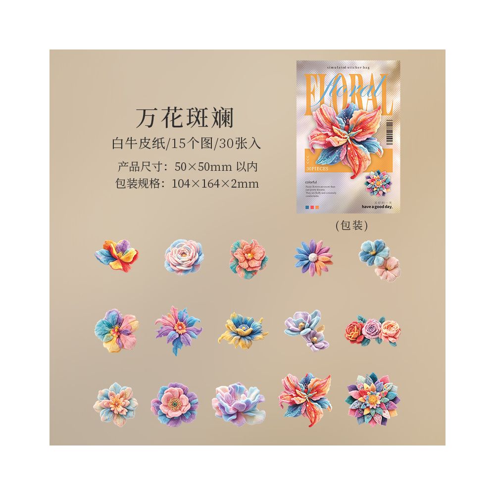 Velvet Flower Series Paper Stickers 30 sheets 6 designs