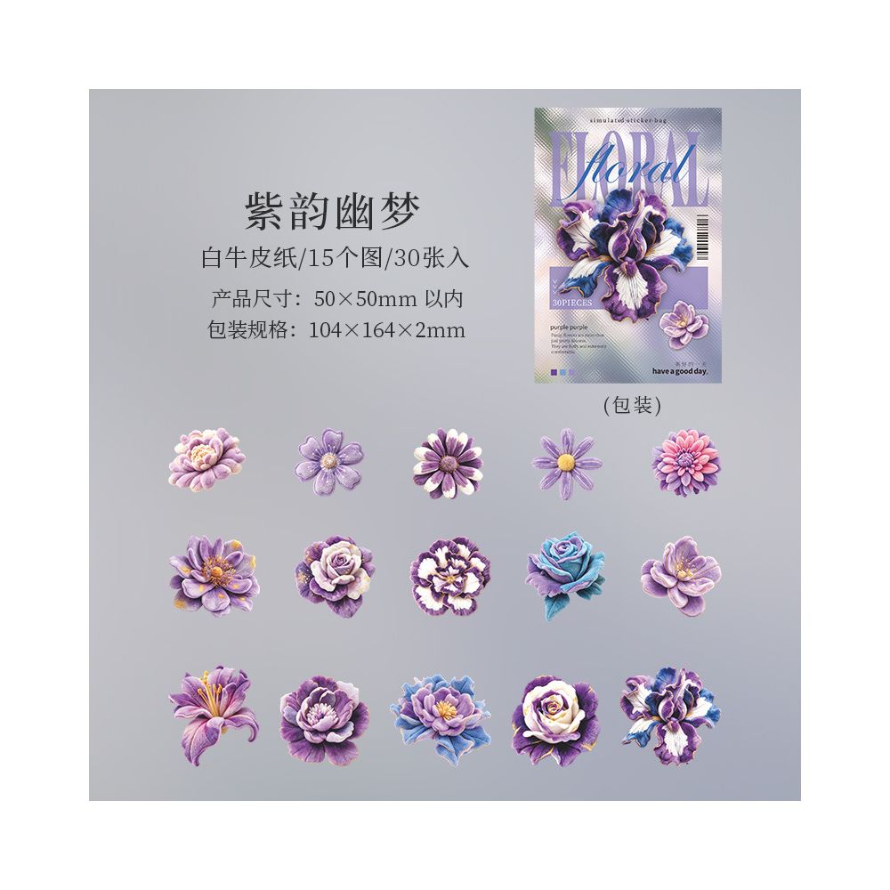 Velvet Flower Series Paper Stickers 30 sheets 6 designs