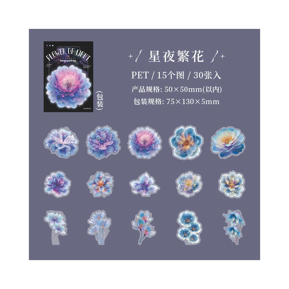 Translucent Flower Series PET Stickers 30 sheets 6 designs