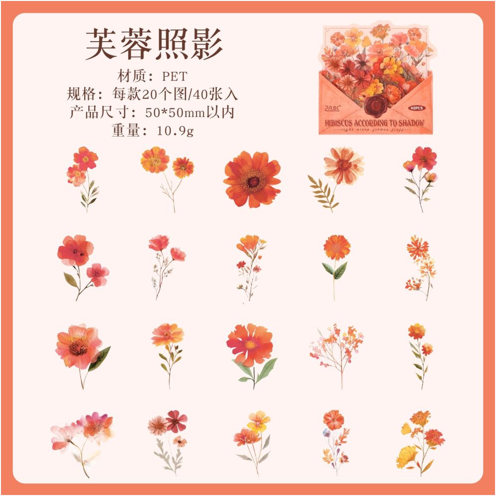 Light Sleep Floral Series PET Stickers 40psc 6 Designs