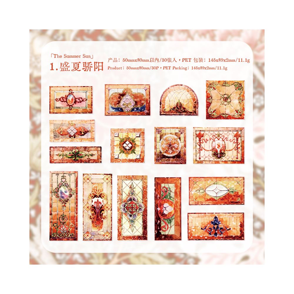 Vintage Floral Tile Series PET Stickers 30psc 6 variants