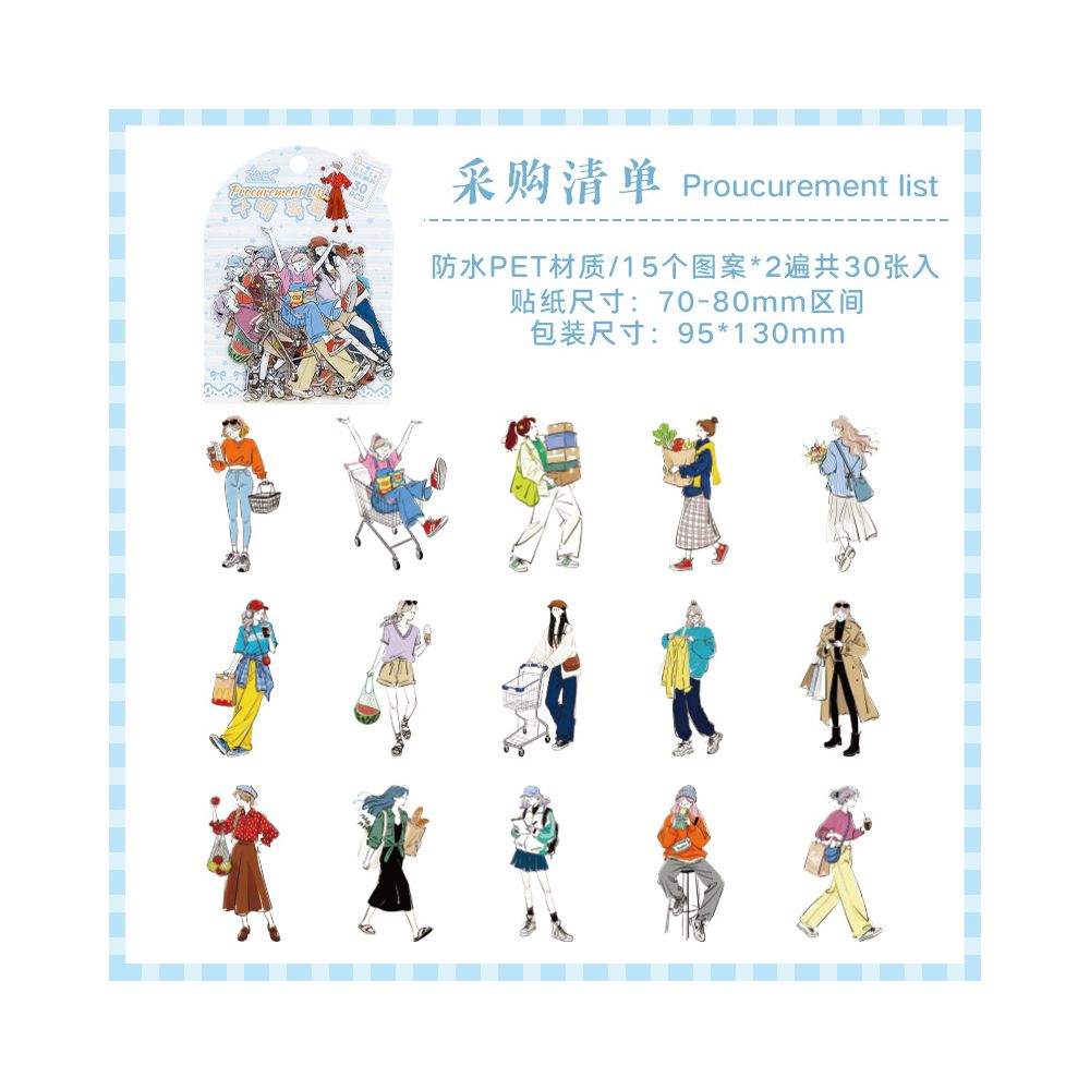 Leisurely Life Character Series PET Stickers 30psc 6 Designs