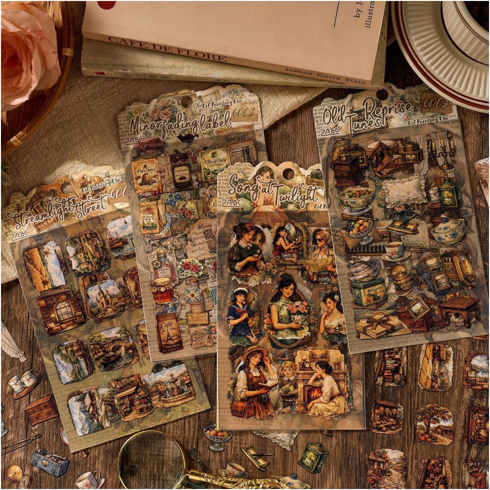 Retro Oil Painting PET Stickers 10cm x 15cm 6 Sheets 4 Designs image 3