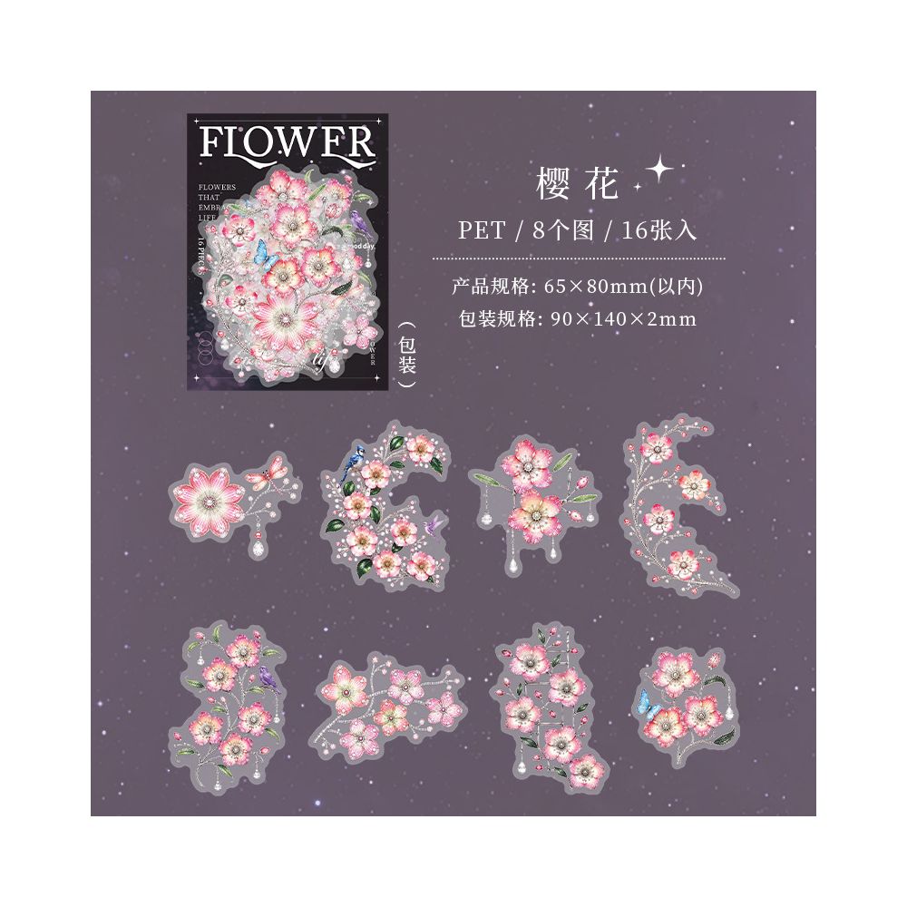 Vintage Floral Life Series PET Stickers 16psc 6 Designs