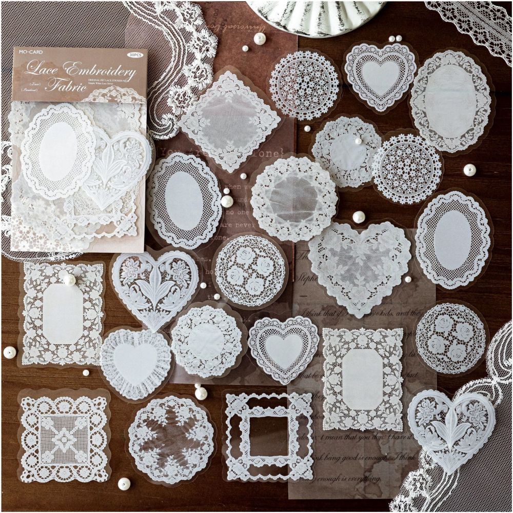 White Lace Series PET Stickers 30psc 6 variants image 3