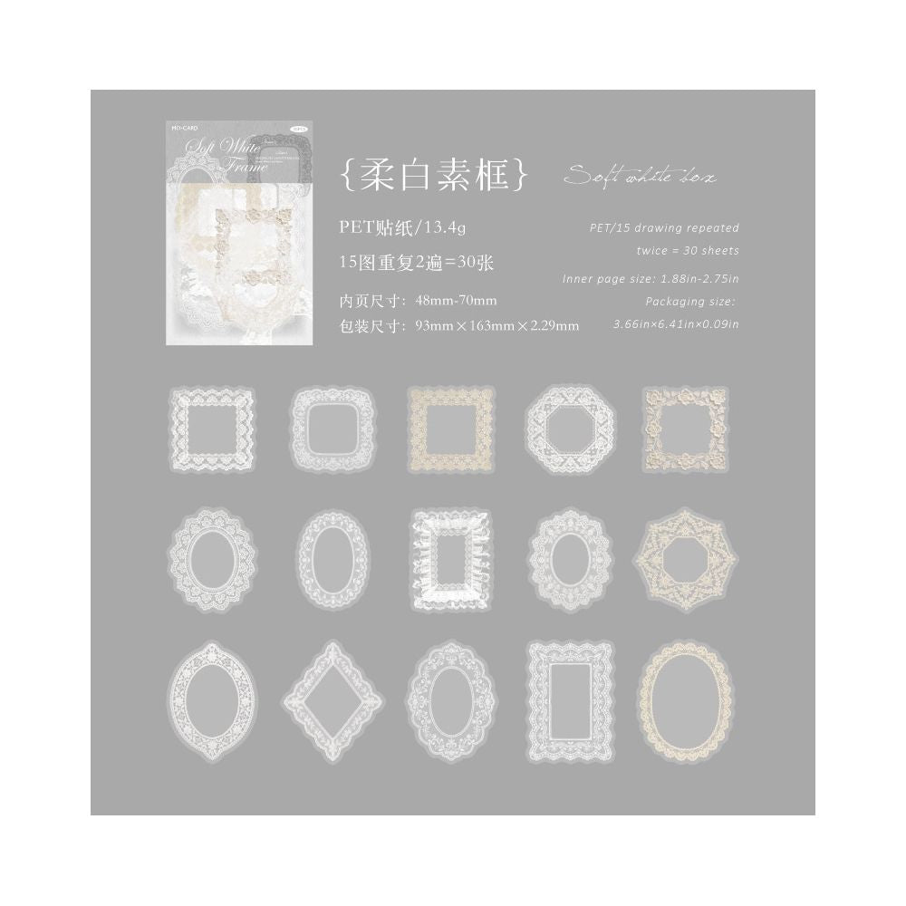 White Lace Series PET Stickers 30psc 6 variants