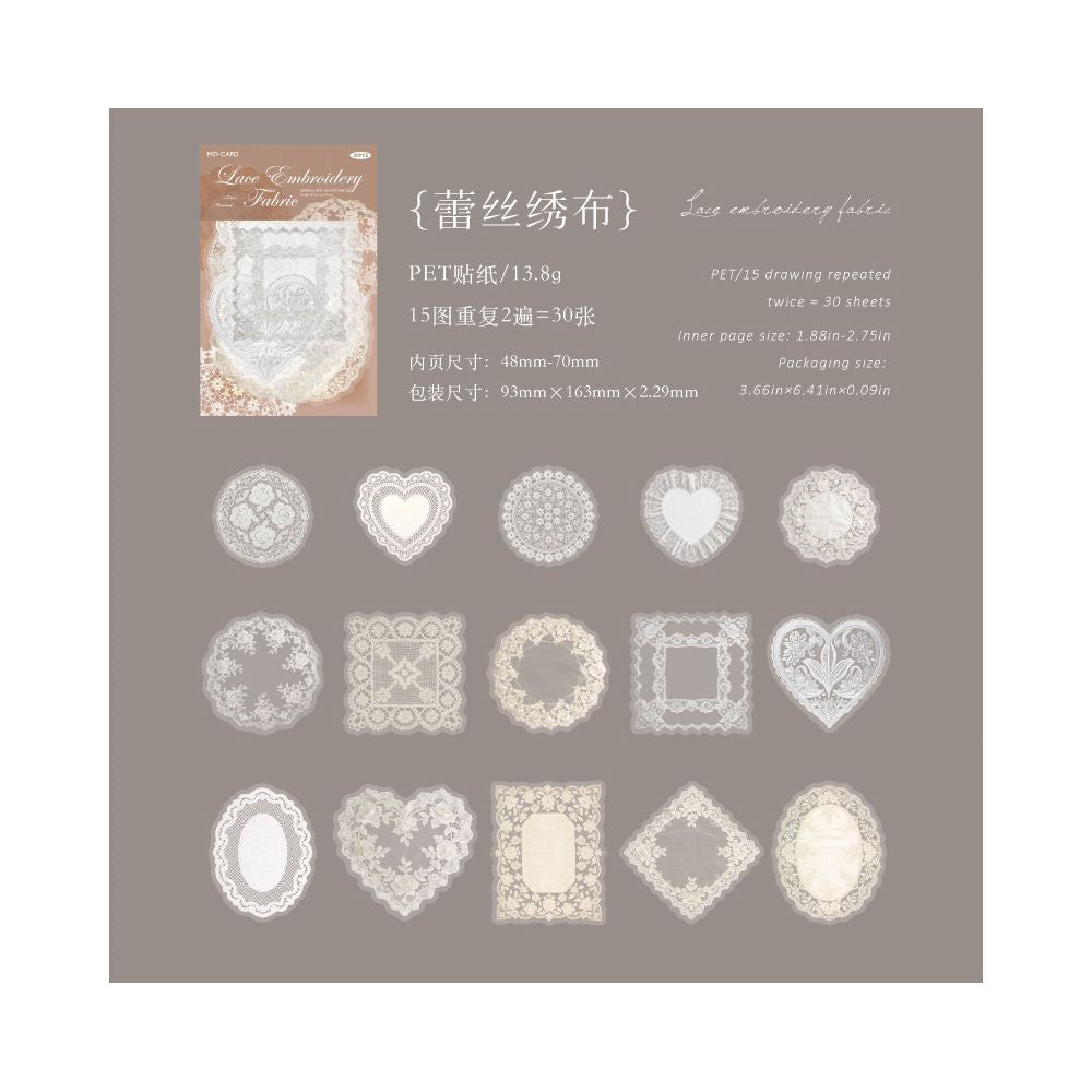 White Lace Series PET Stickers 30psc 6 variants