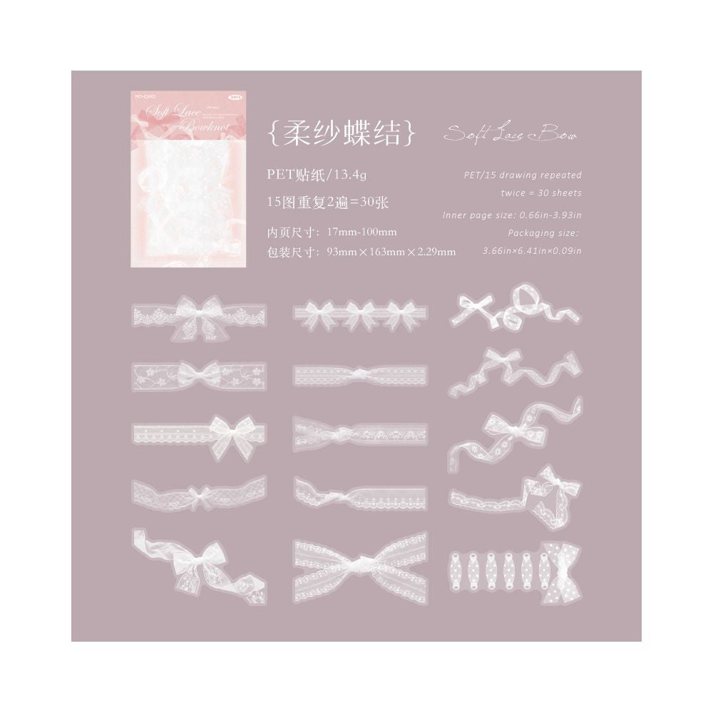 White Lace Series PET Stickers 30psc 6 variants