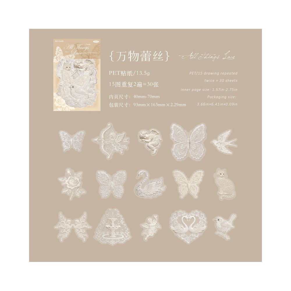 White Lace Series PET Stickers 30psc 6 variants