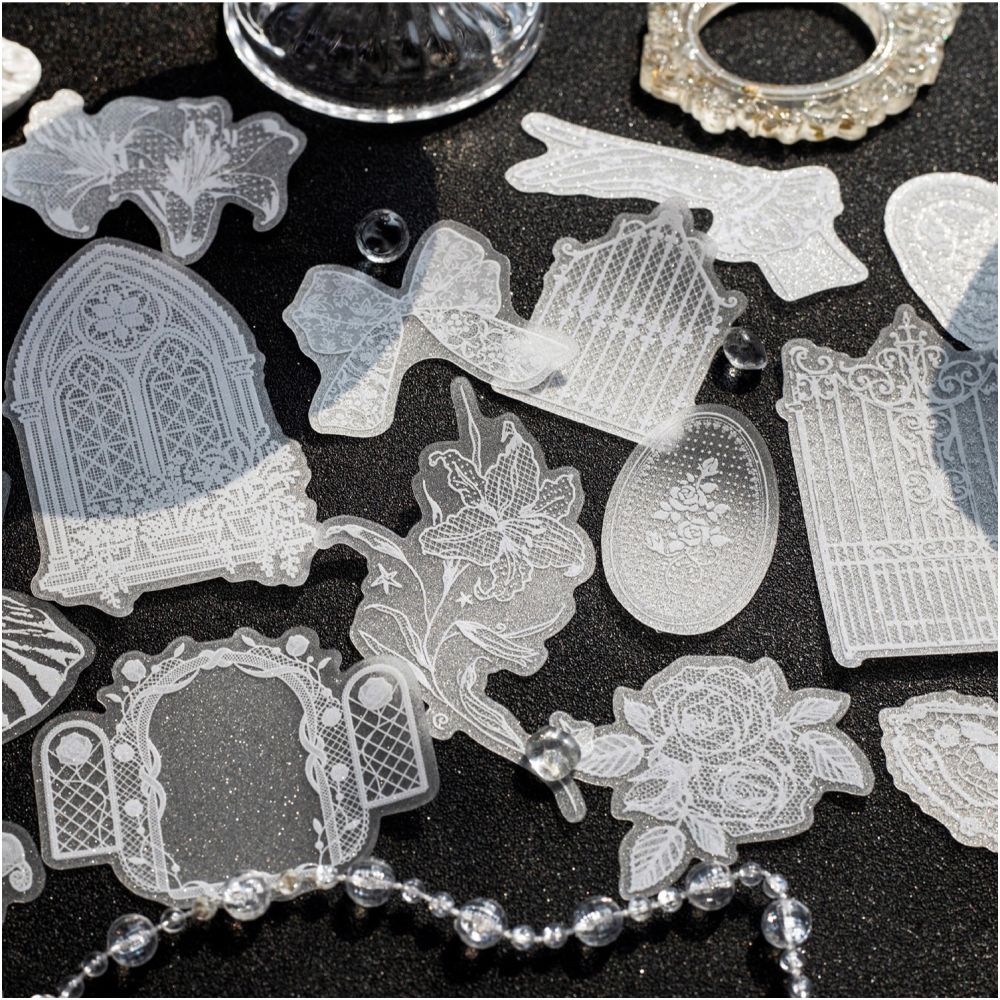 White Dream Series French Lace PET Stickers 20 Sheets 6 Styles image 0