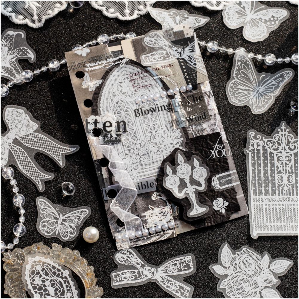 White Dream Series French Lace PET Stickers 20 Sheets 6 Styles image 1