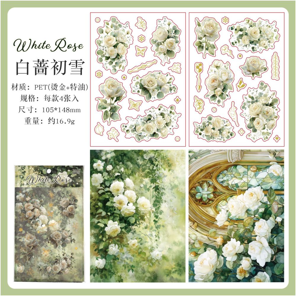 Window Flower Collection Series Gold Foil PET Stickers 4 Sheets 6 Styles