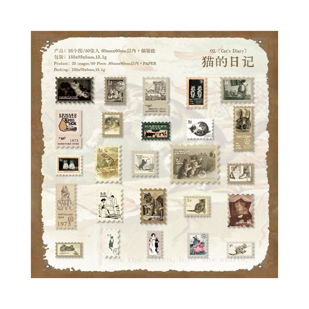 Vintage Paper Stamp Stickers 50 sheets 6 designs