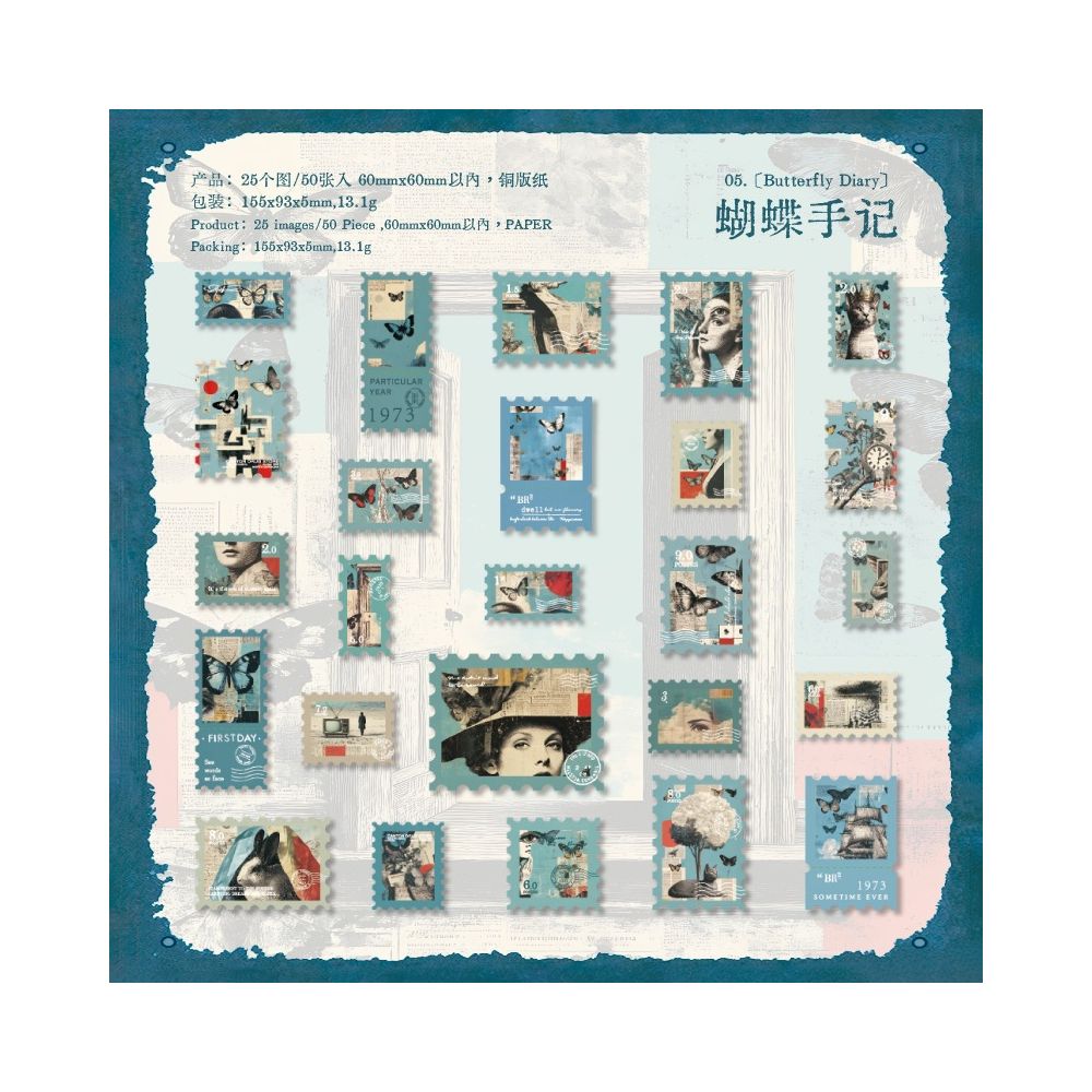 Vintage Paper Stamp Stickers 50 sheets 6 designs
