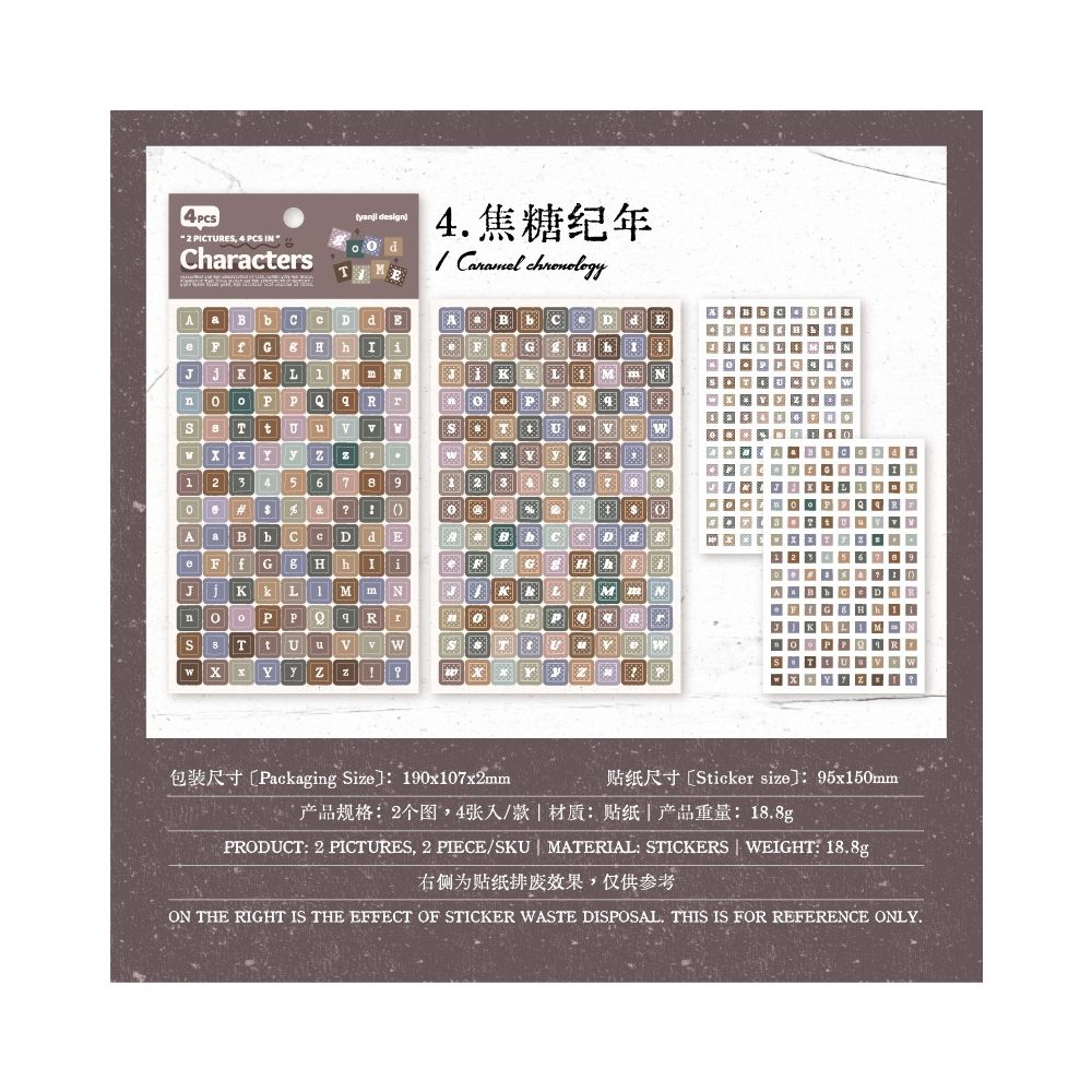 Vintage Letter Tiles Paper Stickers 4 Sheets 6 variants