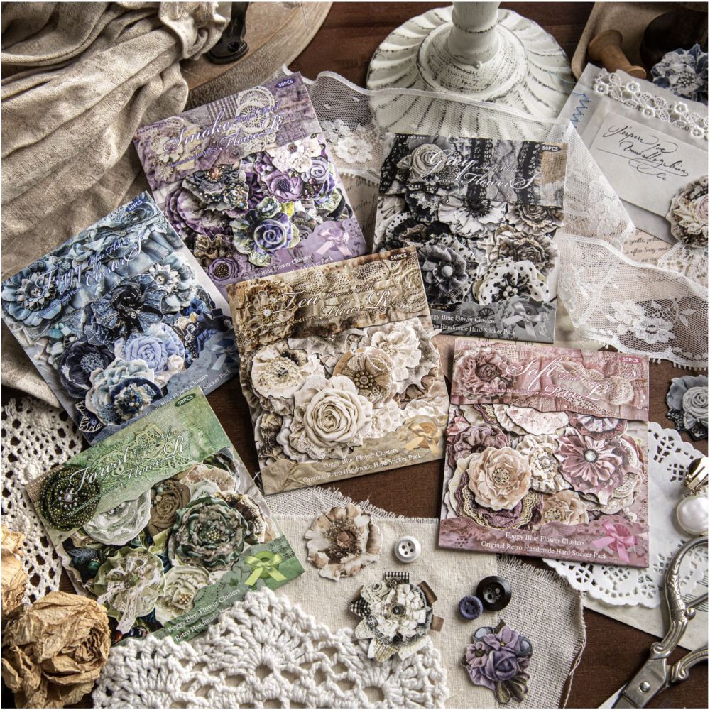 Vintage Beaded Flower Series Paper Stickers 50psc 6 designs image 3