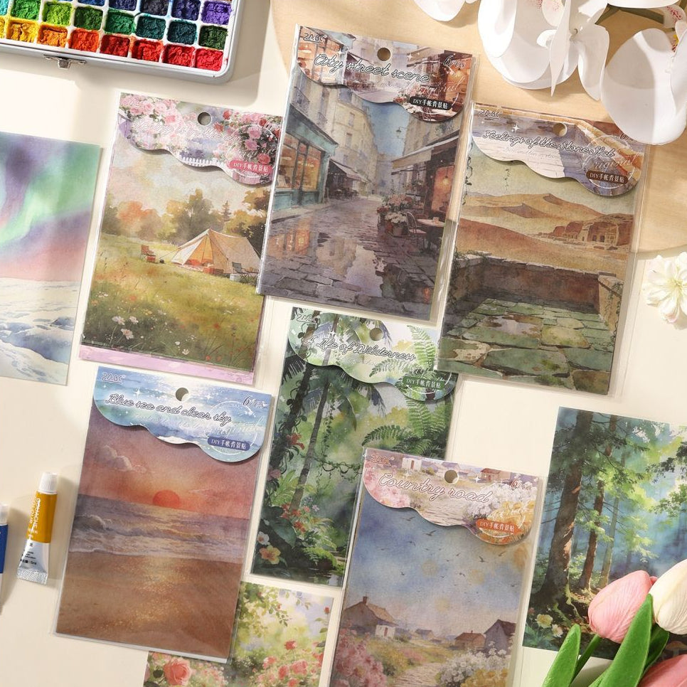 Nature Watercolor Blending Scenery Series Washi Stickers 6 Sheets 6 Variants image 0