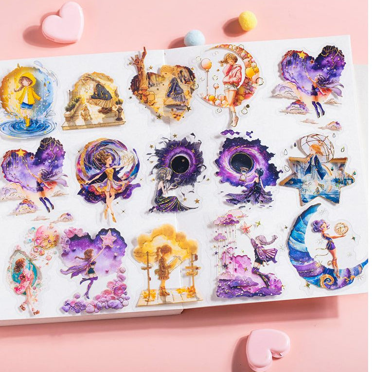 A Beautiful Day Sticker Pack Starry Night Wanderings Series 4 Original Healing Character Gold Foil Stamping Stickers image 1