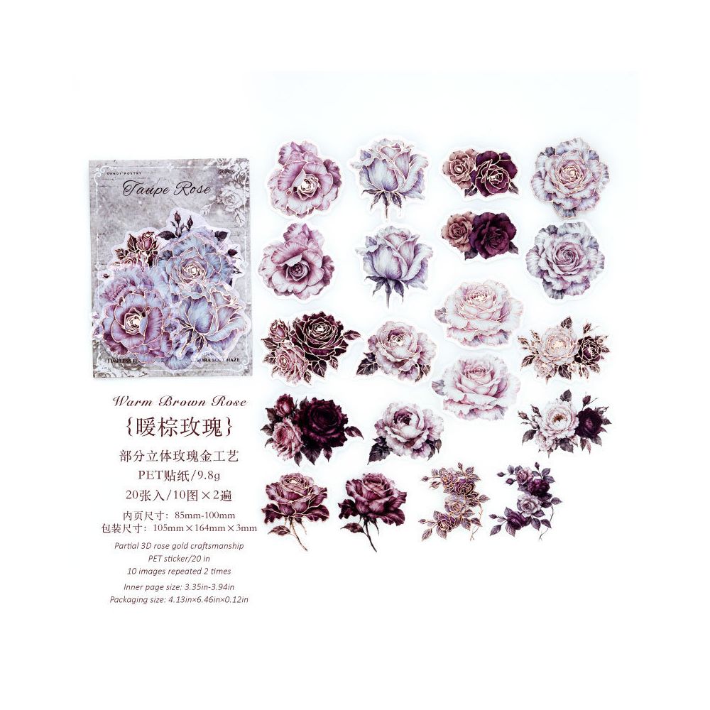 3D Floral Rose Series PET Stickers 20psc 4 Designs