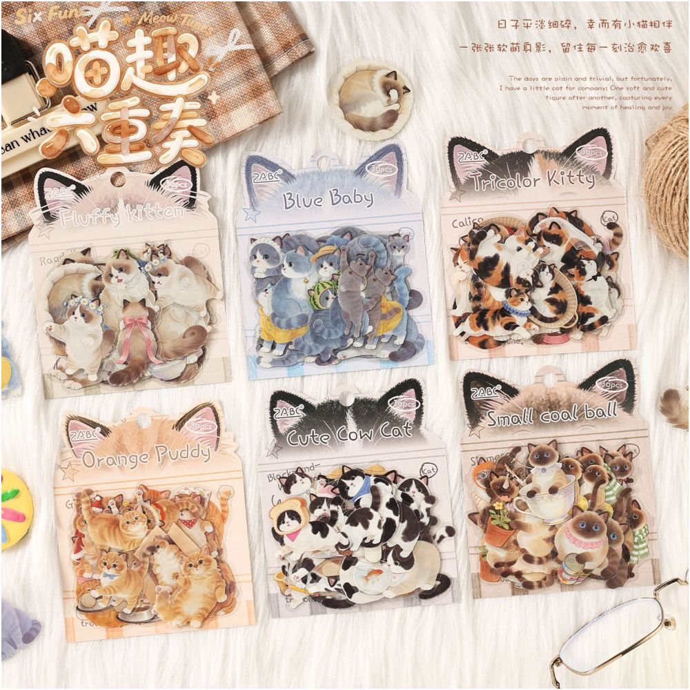 Fun Cat Series PET Stickers 30 Sheets 6 Designs image 0