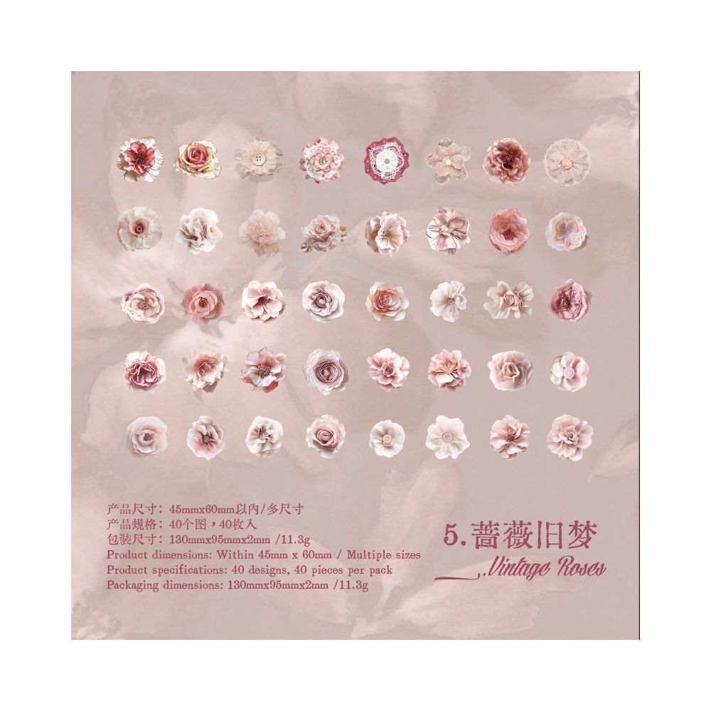 Vintage Blooms of Flowers Paper Stickers 40psc 6 Designs