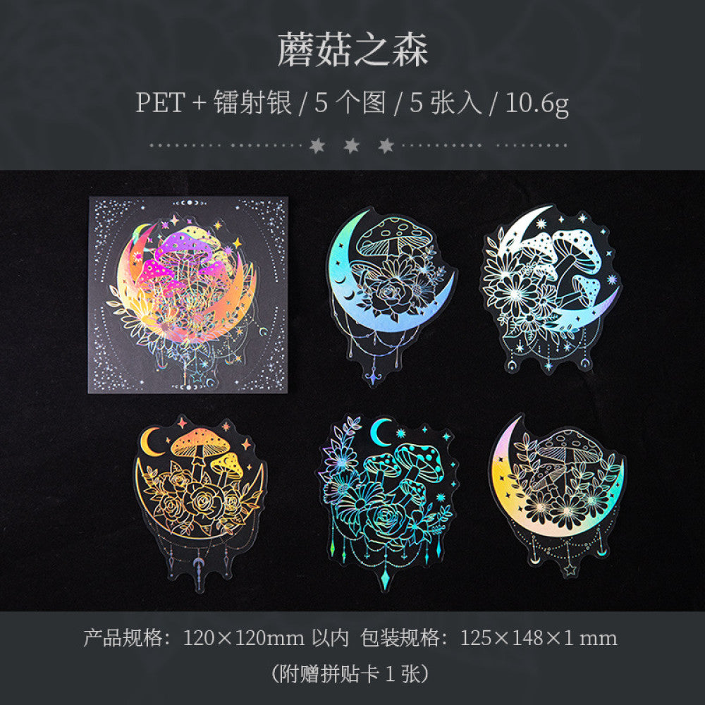 Sparkling Galaxy Series Laser Silver Large Size PET Stickers  6 Types 5 pcs