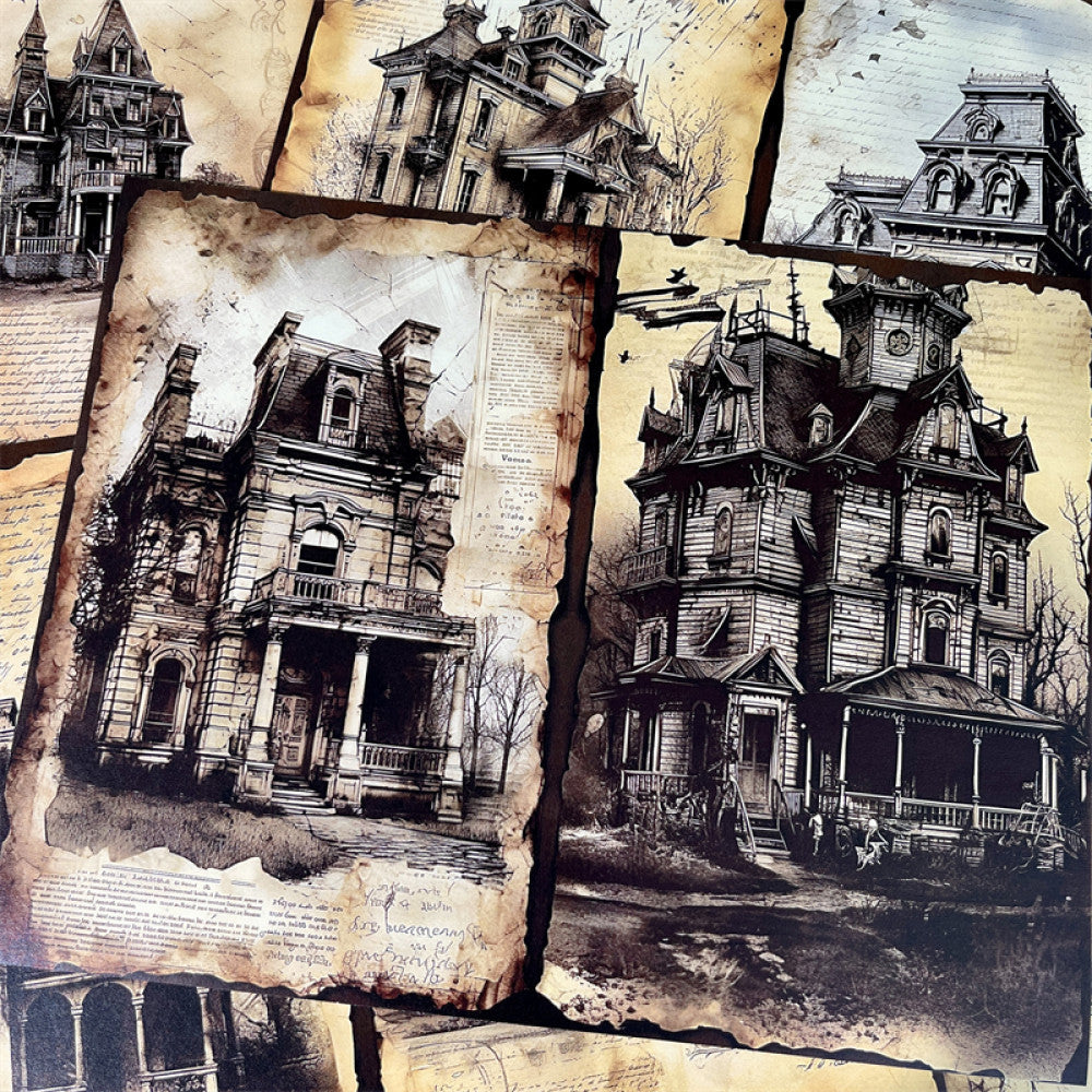 Vintage American Dark Gothic Architecture House Landscape Background Paper 10 Sheets image 2