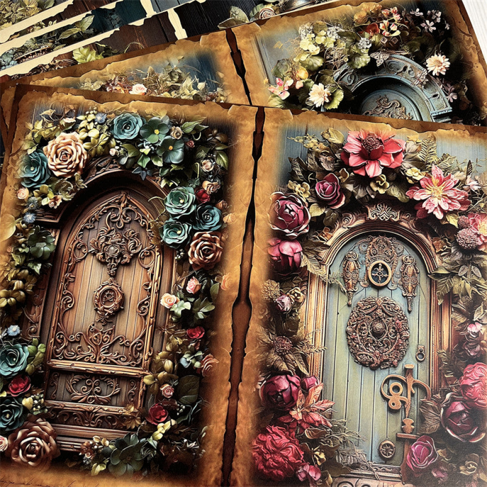 Retro Flowers Elf Wooden Doors Background Paper 12 Sheets image 0