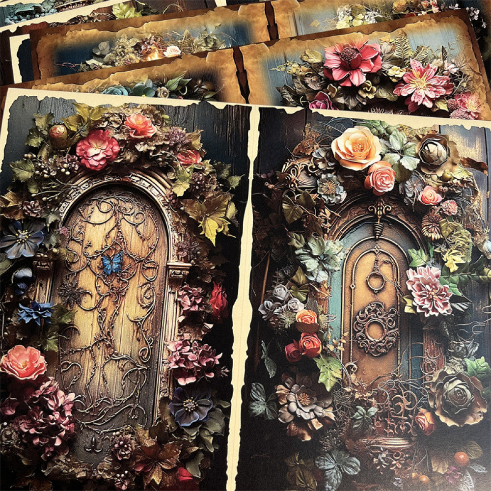 Retro Flowers Elf Wooden Doors Background Paper 12 Sheets image 1