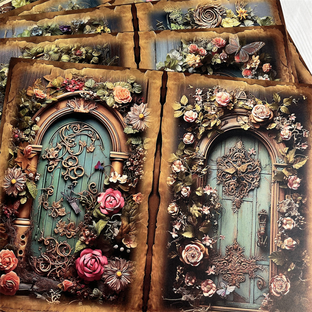 Retro Flowers Elf Wooden Doors Background Paper 12 Sheets image 2
