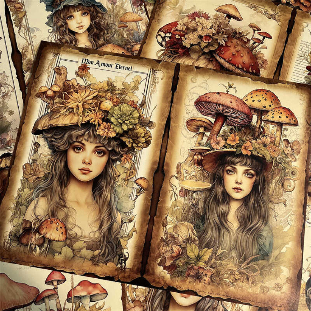 Retro Flower Fairy Mushroom Elf Background Paper 12 Sheets image 1