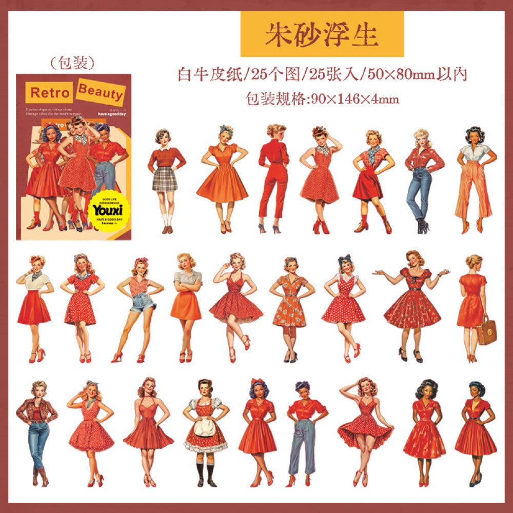 Retro girl paper sticker pack 3 styles 25 pcs