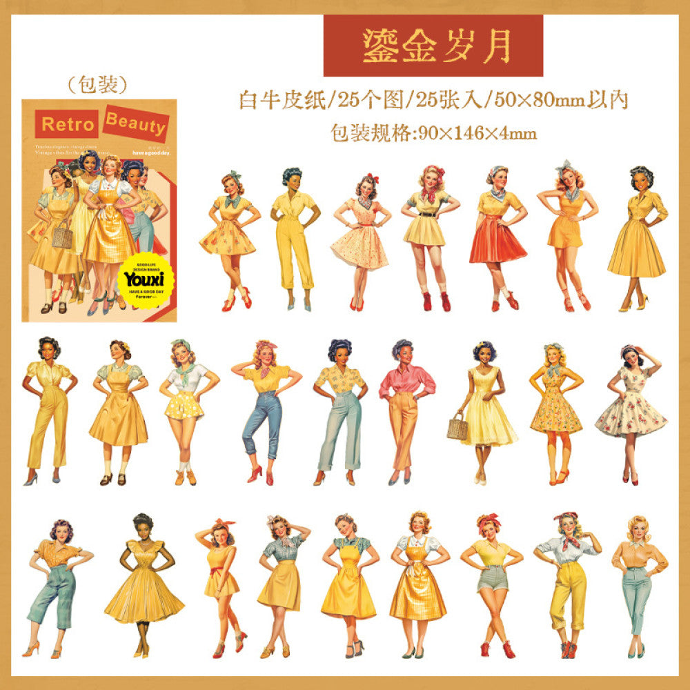 Retro girl paper sticker pack 3 styles 25 pcs
