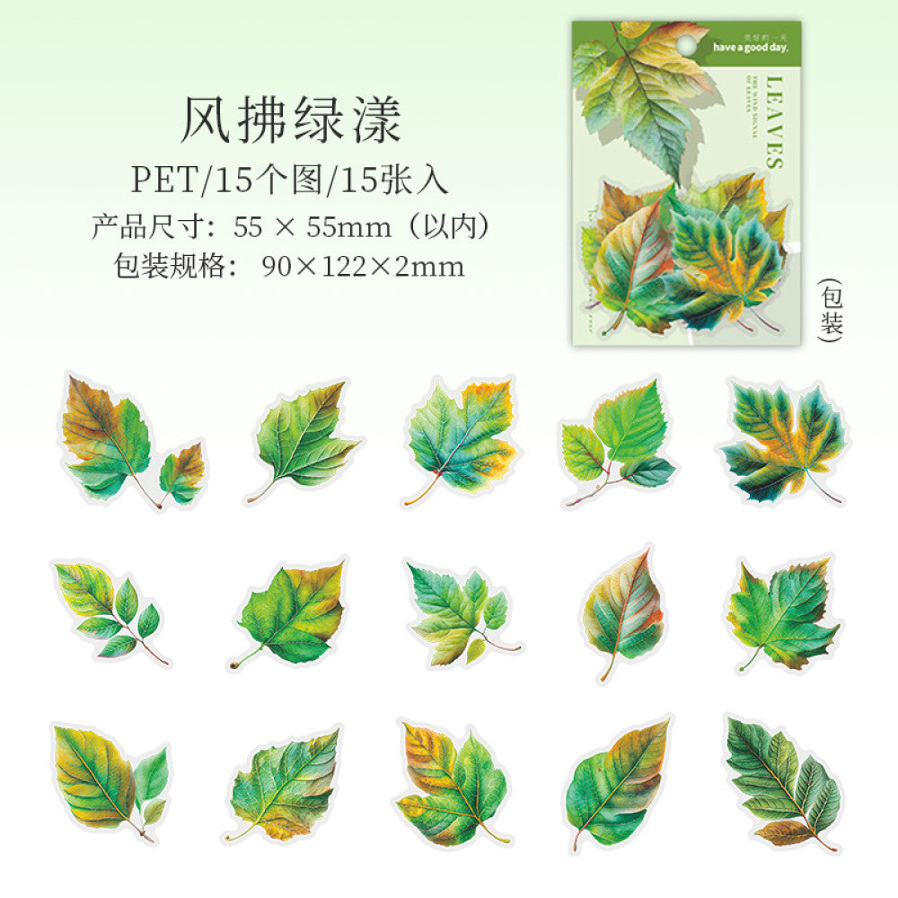 Leaf Wind Letter Series Plant Material PET Stickers 6 Types 15 Pcs