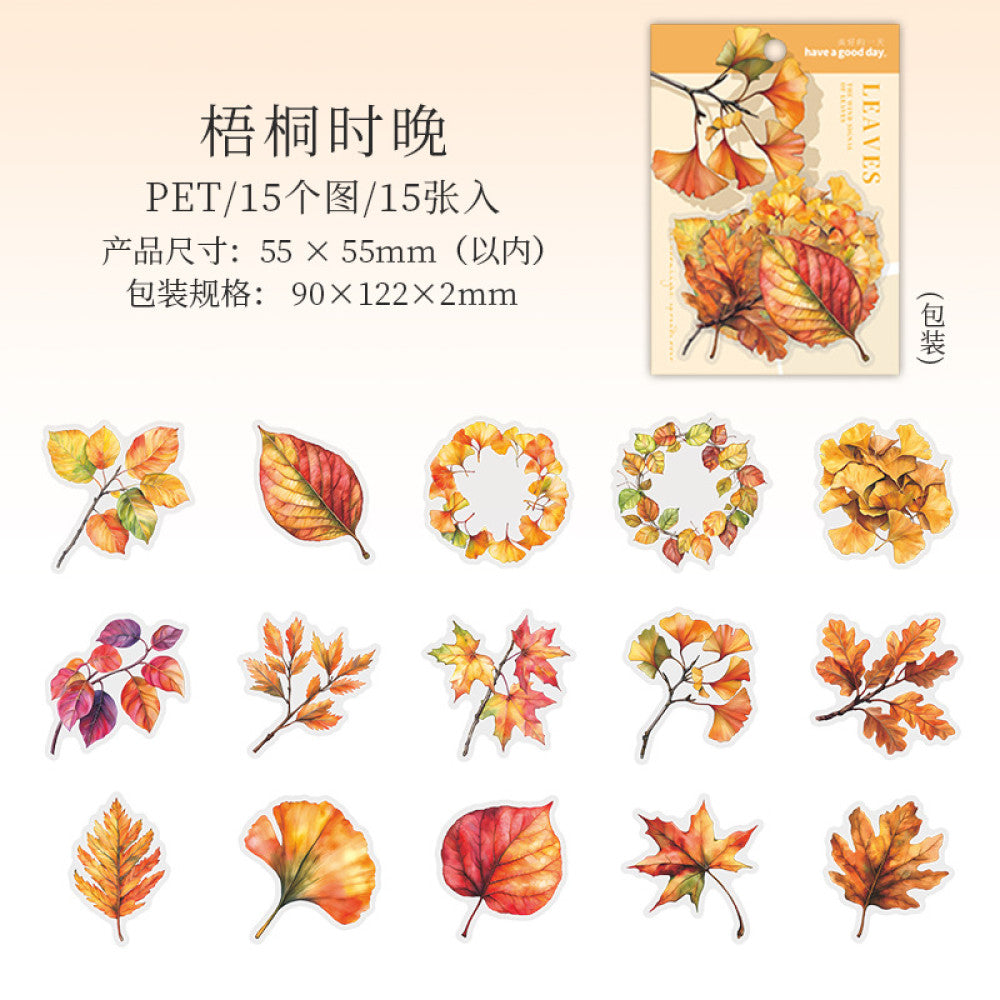 Leaf Wind Letter Series Plant Material PET Stickers 6 Types 15 Pcs