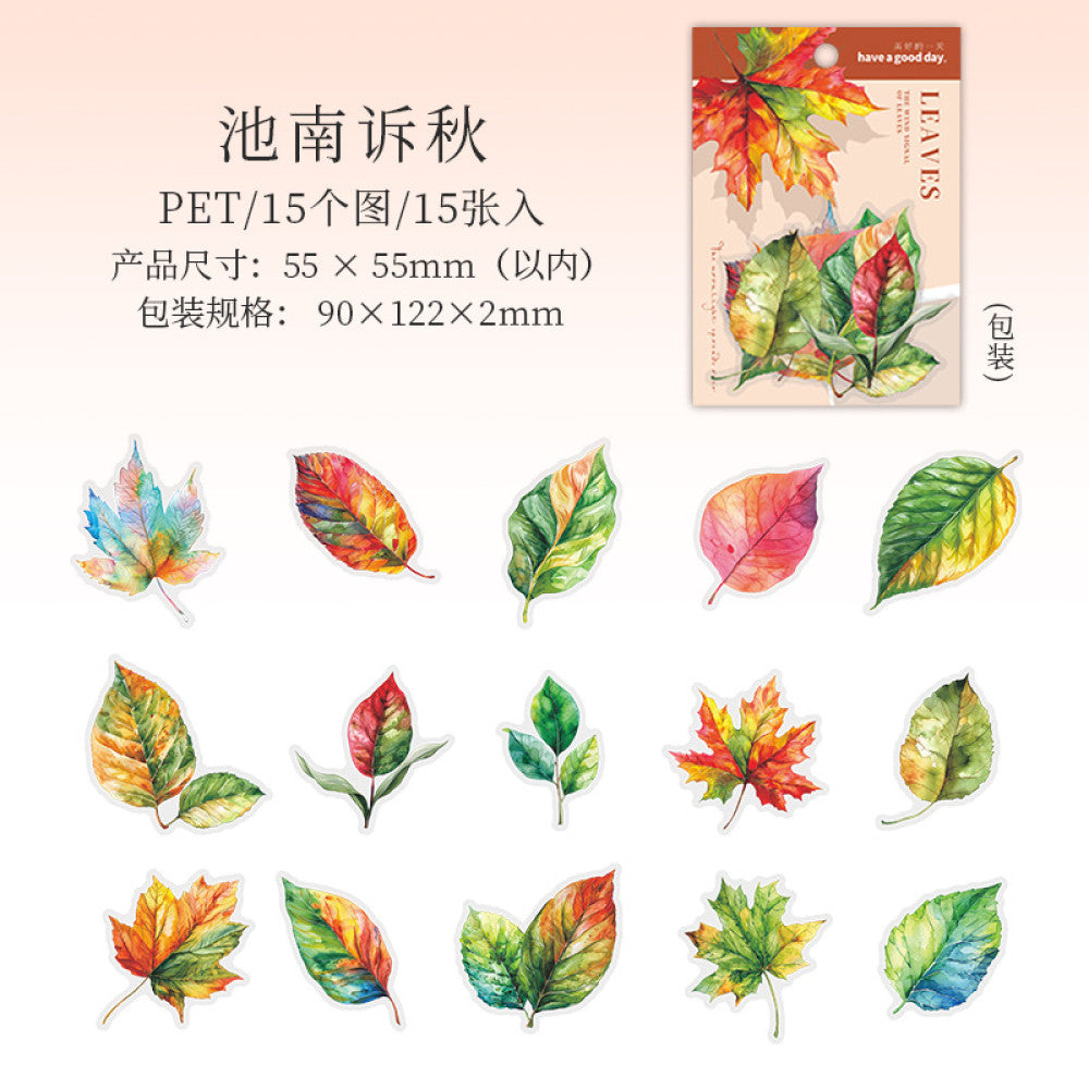 Leaf Wind Letter Series Plant Material PET Stickers 6 Types 15 Pcs