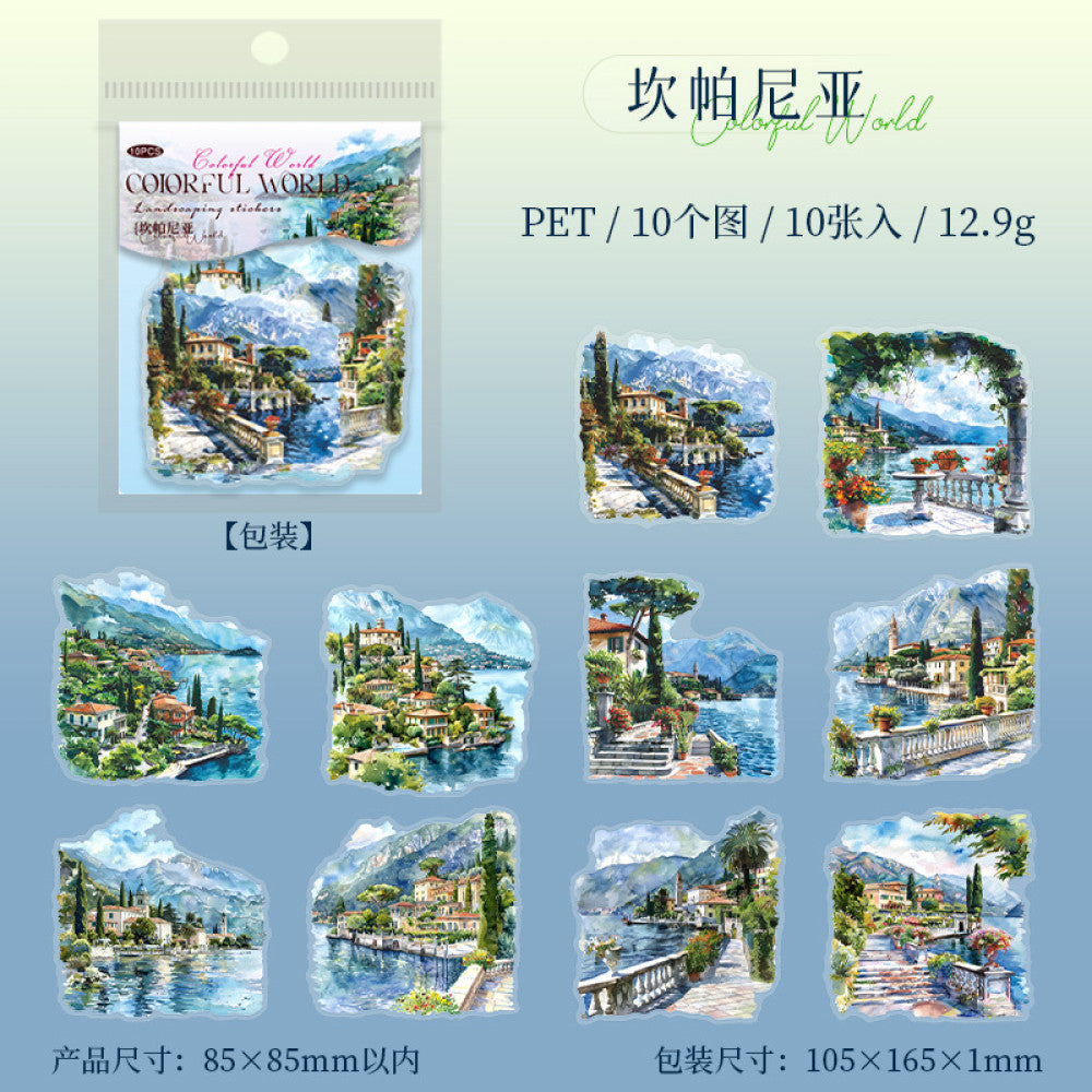 Colorful World Series Large Size Landscape Stickers 6 Types 10 Pcs