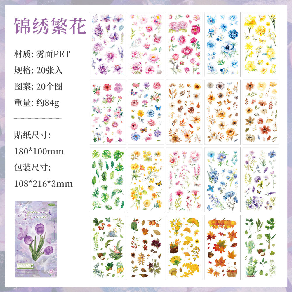 Flower Theme Collage Matte Double layer PET Sticker Book 4 Types 20 Sheets