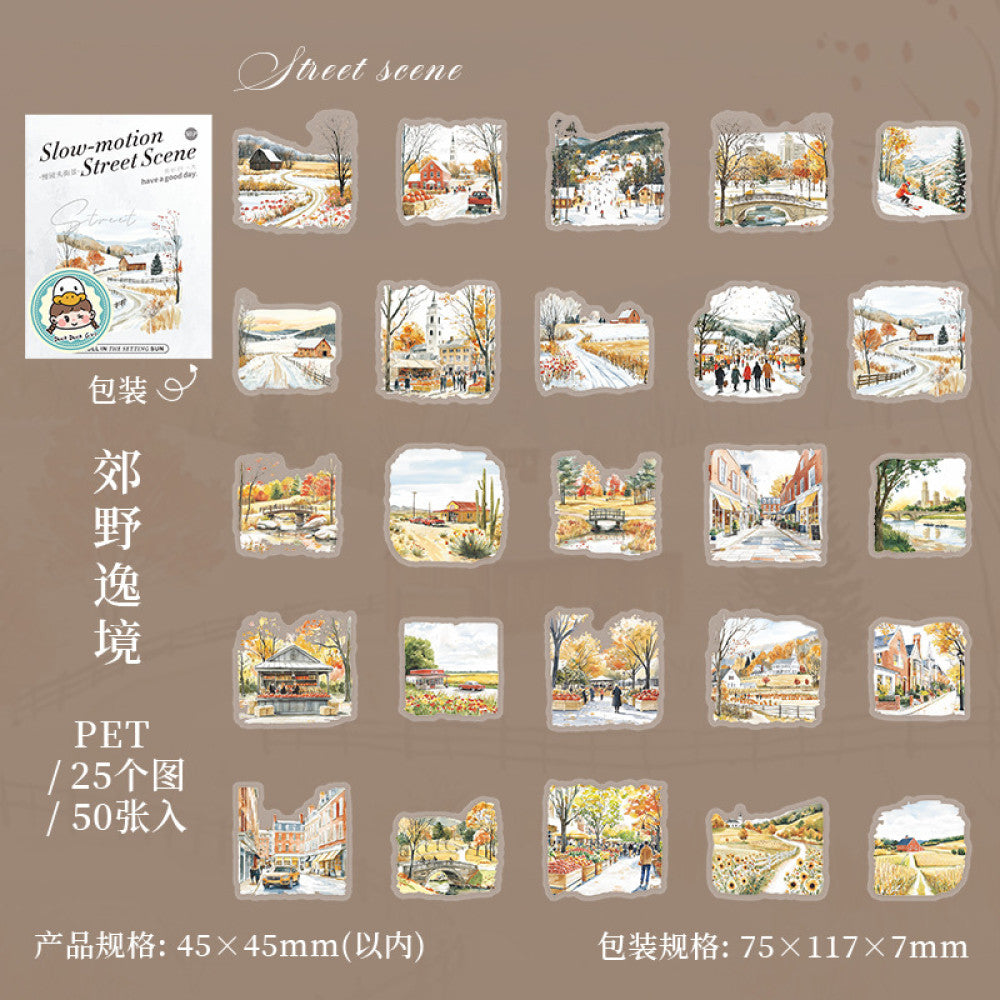 Slow Motion Street Scene=Small Size Landscape Sticker Pack 6 Types
