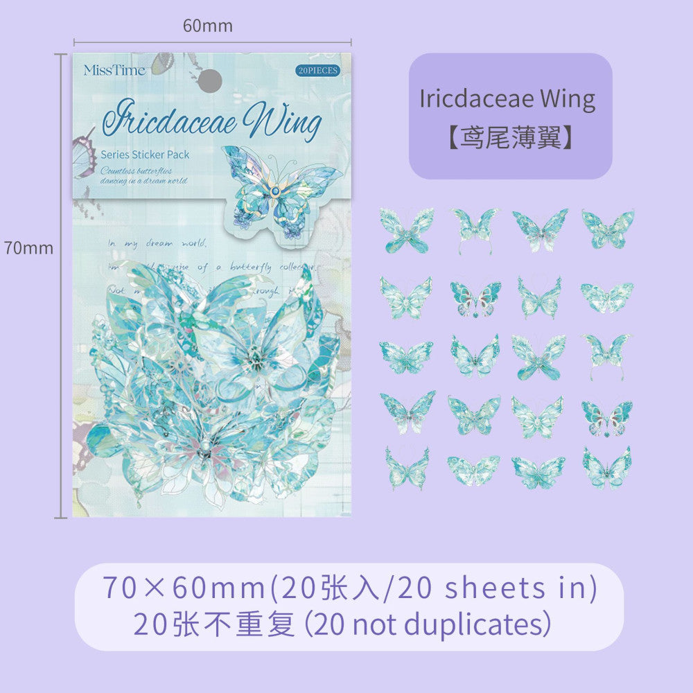 Quartz butterfly series PET stickers 6 Types 20 Pcs