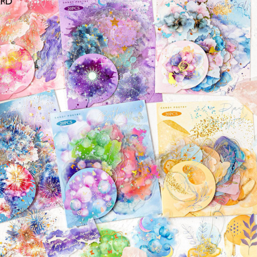 Watercolor 3D Laser Silver PET Sticker Pack 20 Pcs 6 Types image 0