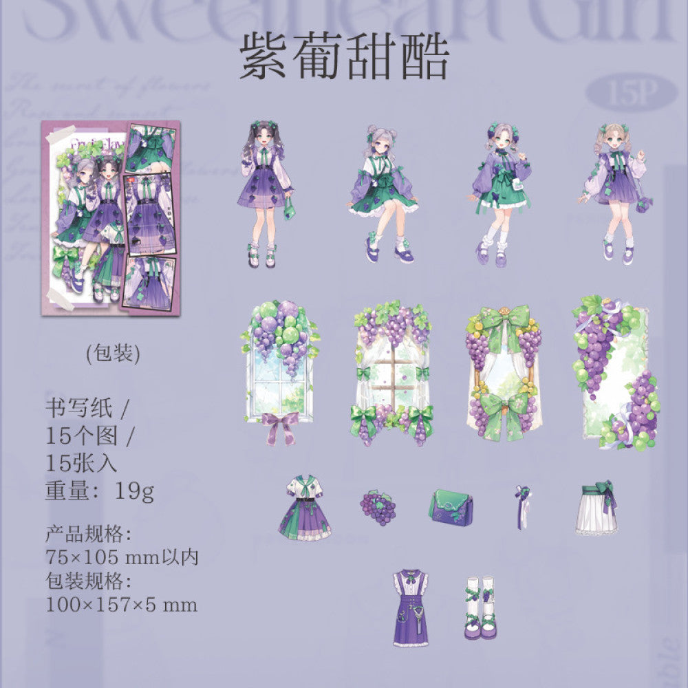 Fruity Sweetheart Girl Series Hard Card Stickers 6 Types 15 Pcs